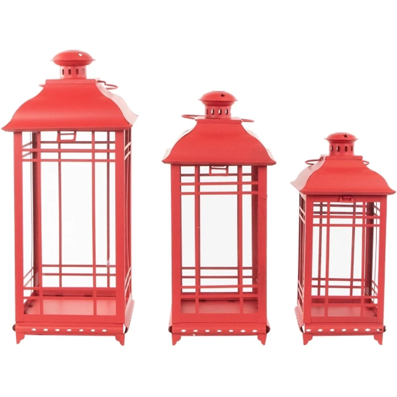 Red Metal and Glass Decorative Lanterns, Set of 3