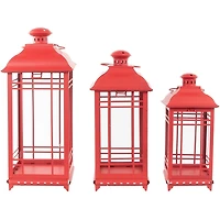 Red Metal and Glass Decorative Lanterns, Set of 3