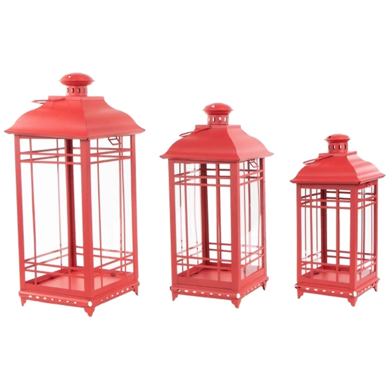Red Metal and Glass Decorative Lanterns, Set of 3