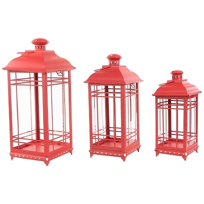 Red Metal and Glass Decorative Lanterns, Set of 3