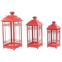 Red Metal and Glass Decorative Lanterns, Set of 3