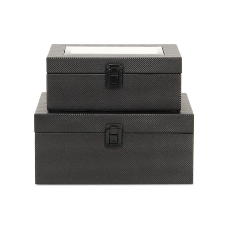 Black Woven Vinyl Mirrored Boxes, Set of 2