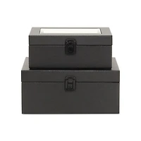 Black Woven Vinyl Mirrored Boxes, Set of 2