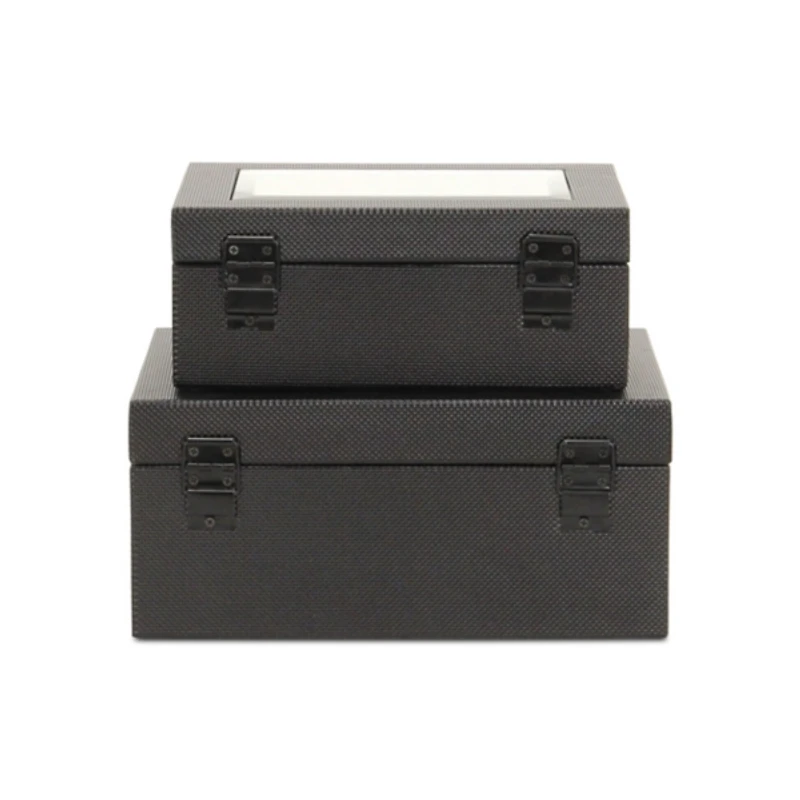 Black Woven Vinyl Mirrored Boxes, Set of 2