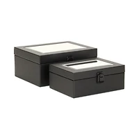 Black Woven Vinyl Mirrored Boxes, Set of 2
