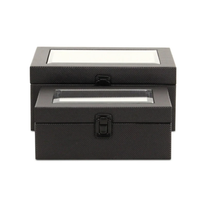 Black Woven Vinyl Mirrored Boxes, Set of 2
