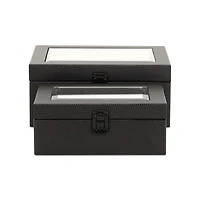 Black Woven Vinyl Mirrored Boxes, Set of 2