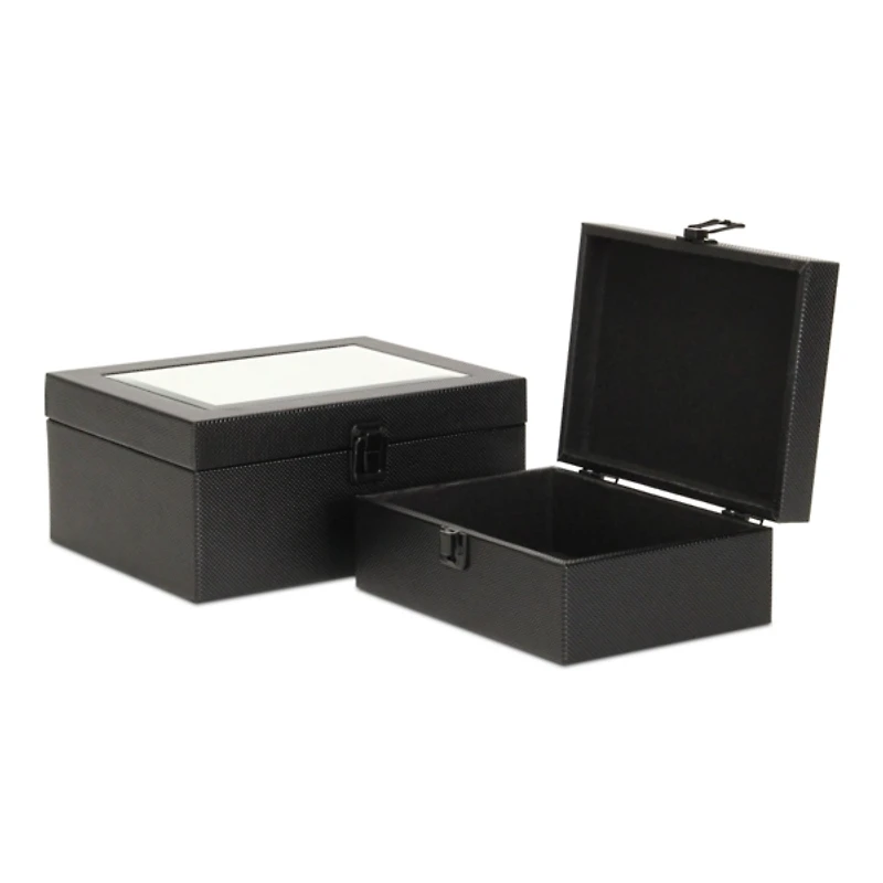 Black Woven Vinyl Mirrored Boxes, Set of 2
