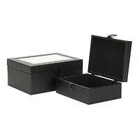 Black Woven Vinyl Mirrored Boxes, Set of 2