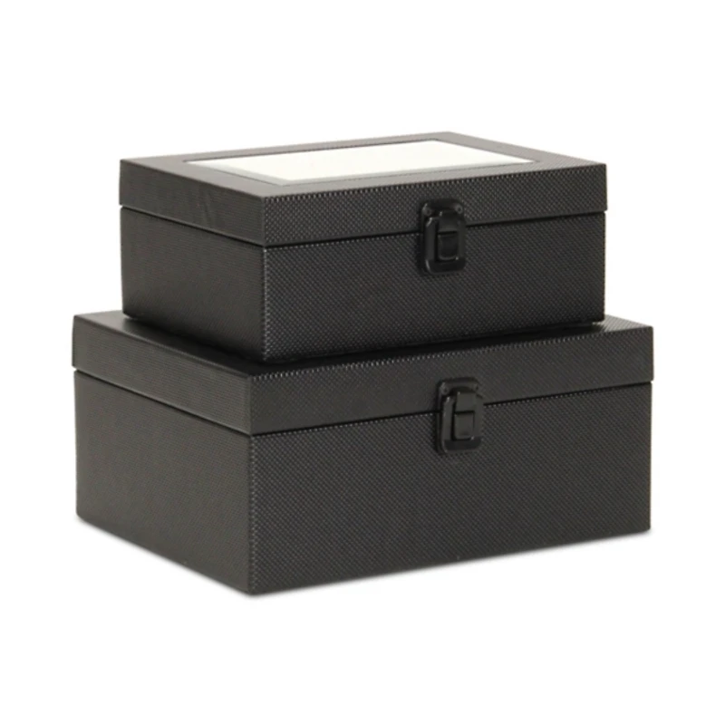 Black Woven Vinyl Mirrored Boxes, Set of 2