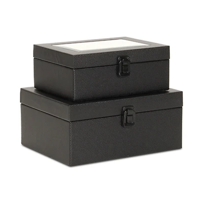 Black Woven Vinyl Mirrored Boxes, Set of 2