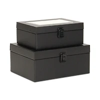 Black Woven Vinyl Mirrored Boxes, Set of 2