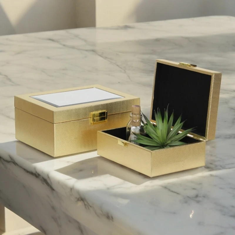 Gold Woven Vinyl Mirrored Boxes, Set of 2