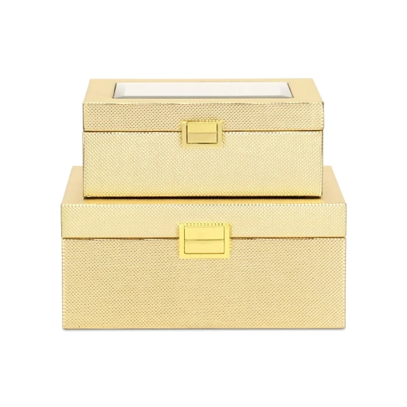 Gold Woven Vinyl Mirrored Boxes, Set of 2