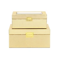 Gold Woven Vinyl Mirrored Boxes, Set of 2