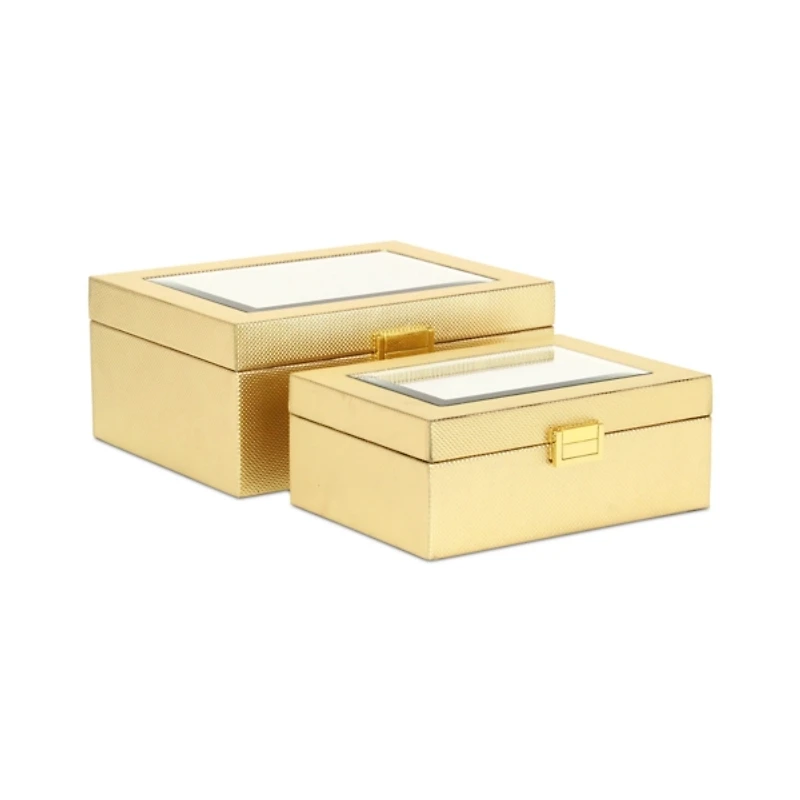 Gold Woven Vinyl Mirrored Boxes, Set of 2
