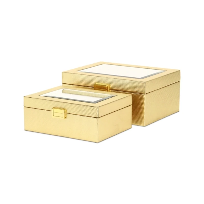 Gold Woven Vinyl Mirrored Boxes, Set of 2