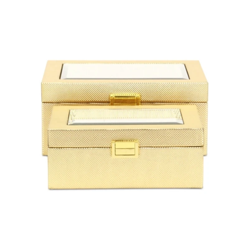 Gold Woven Vinyl Mirrored Boxes, Set of 2
