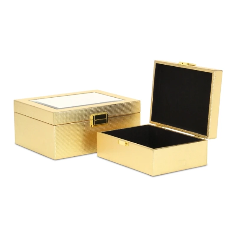 Gold Woven Vinyl Mirrored Boxes, Set of 2