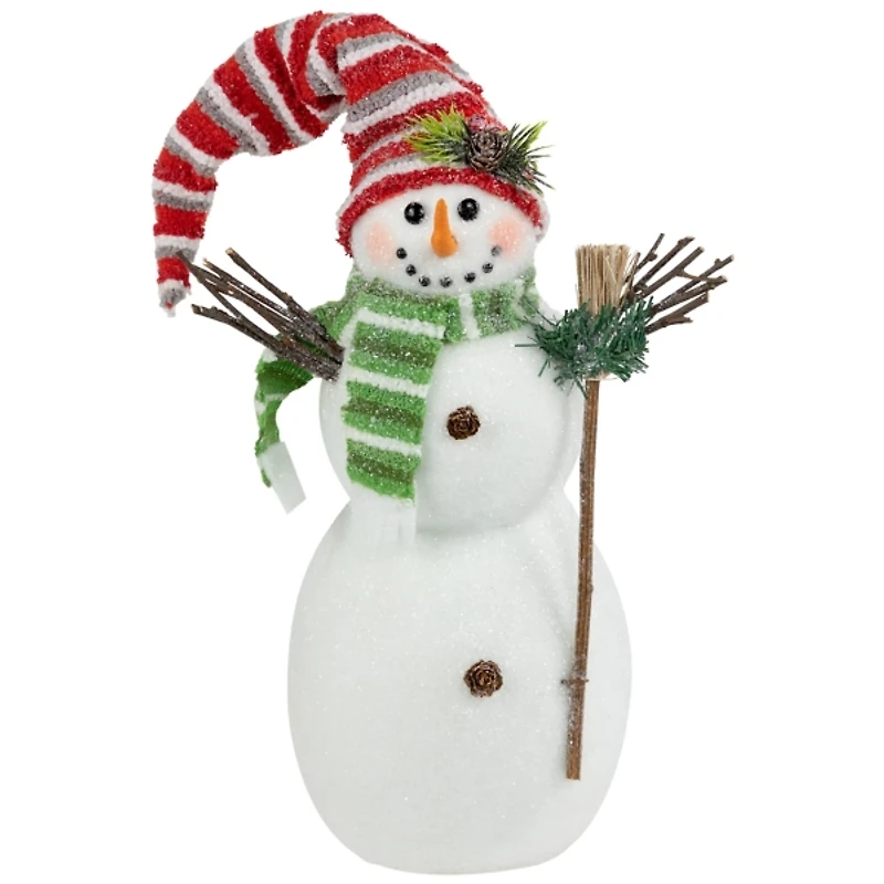 Glittered Snowman with Broom Figurine