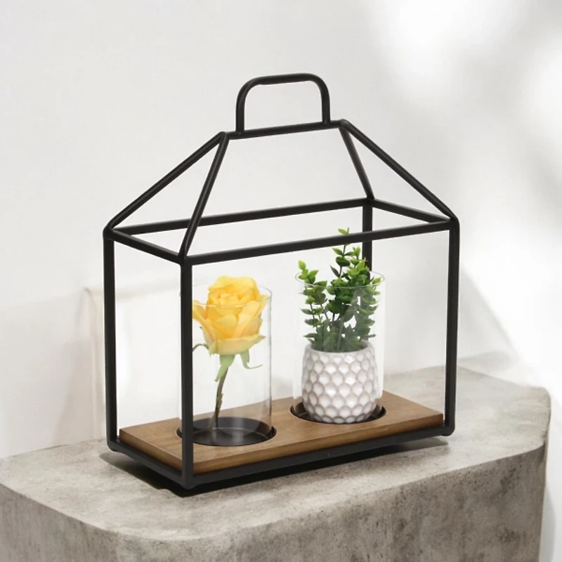 Two Glass Inserts Black Metal Lantern