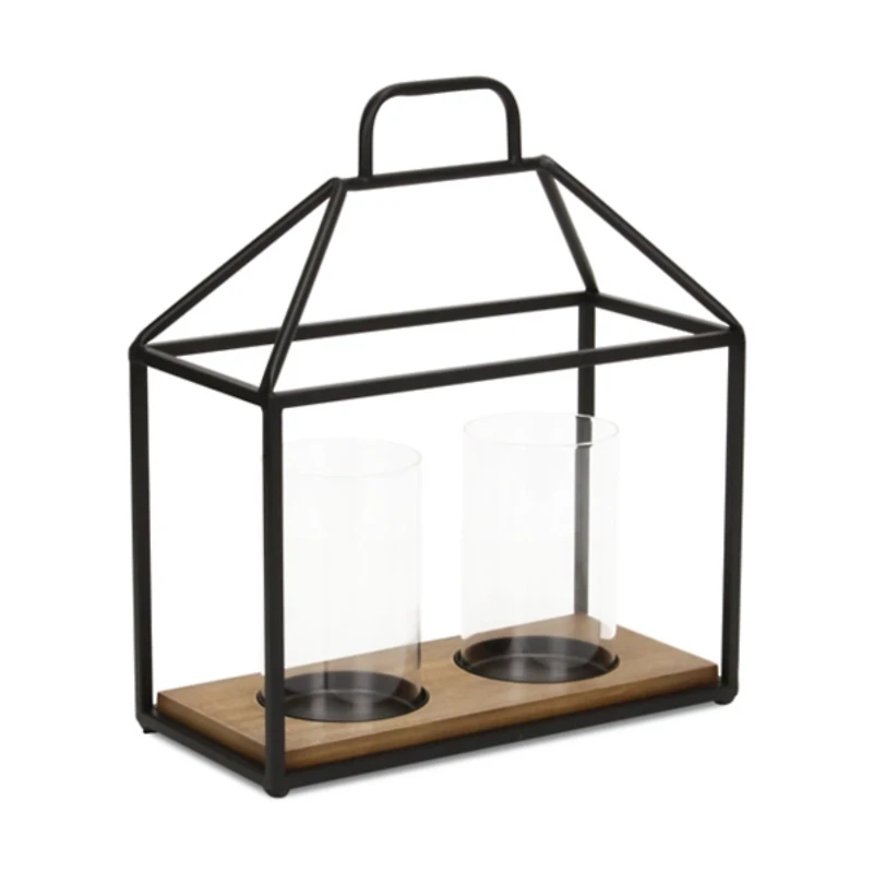 Two Glass Inserts Black Metal Lantern