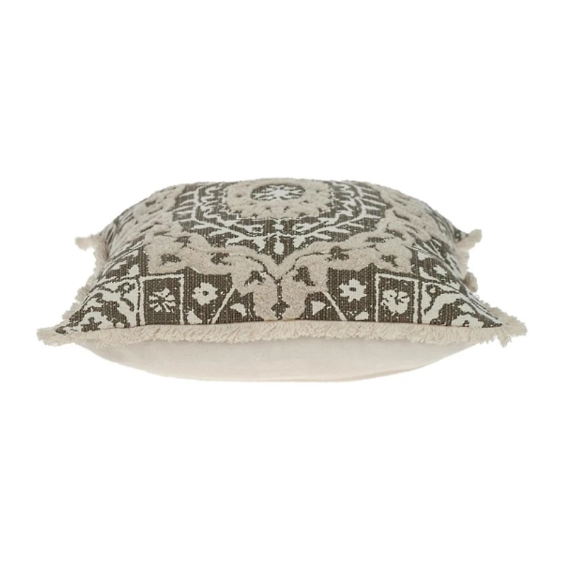 Green and Tan Medallion Fringe Pillow