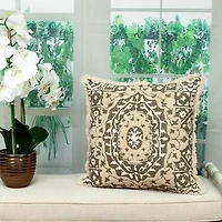 Green and Tan Medallion Fringe Pillow