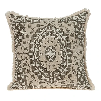Green and Tan Medallion Fringe Pillow