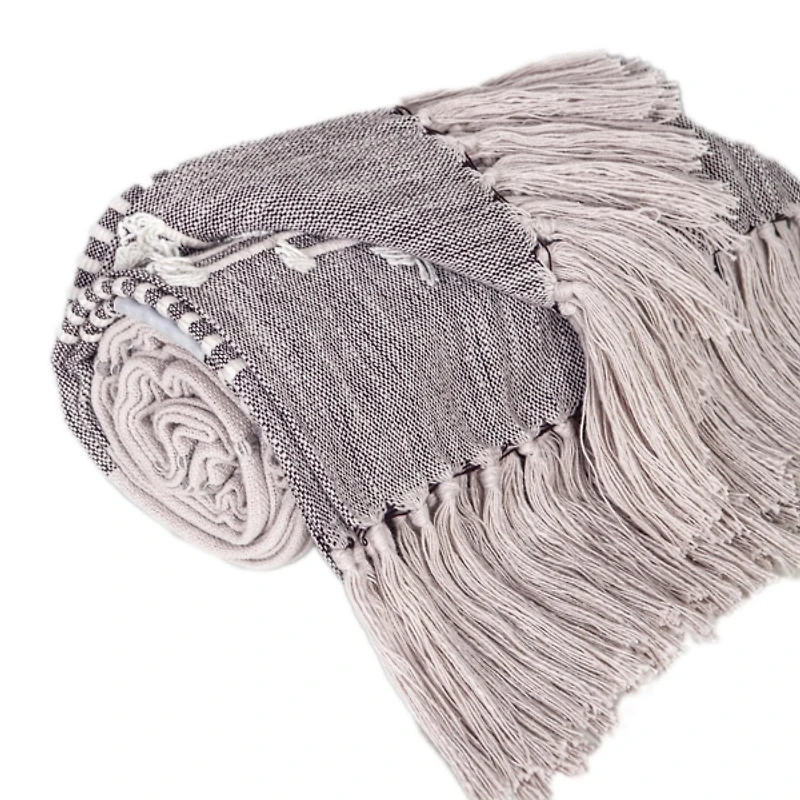 Light Gray Slub Striped Tassel Throw