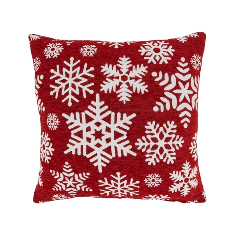 White on Red Snowflakes Chenille Pillow