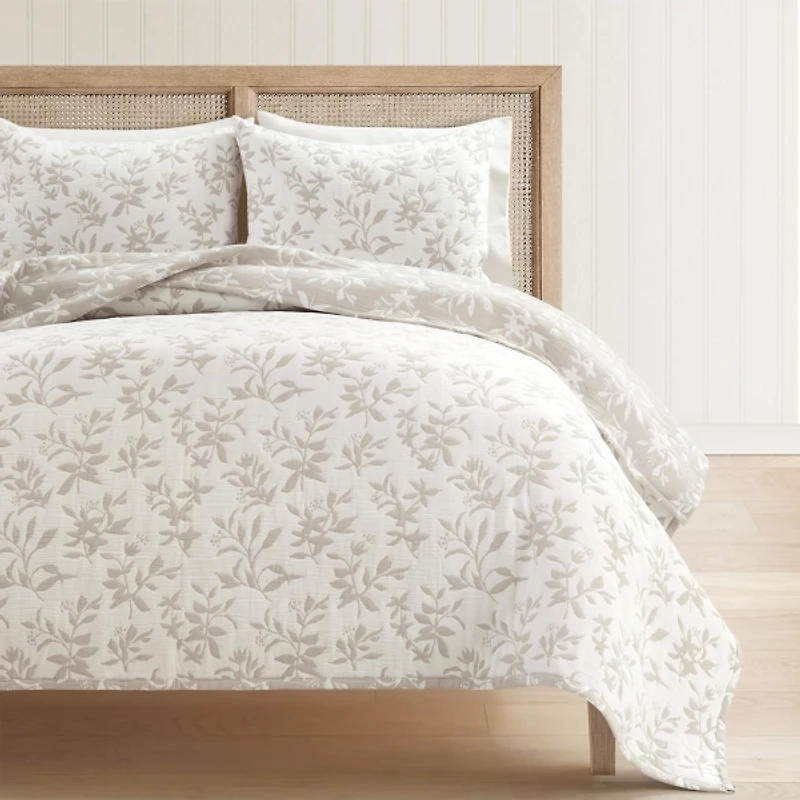 Tan Floral Reversible 3-pc. King Quilt Set