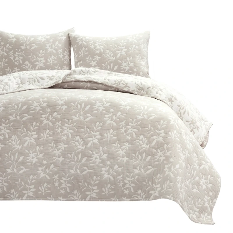 Tan Floral Reversible 3-pc. King Quilt Set