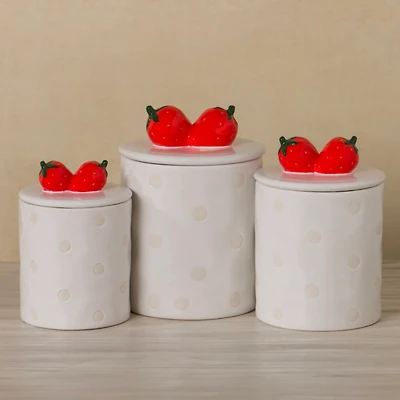 Ivory Ceramic Strawberry Canisters, Set of 3