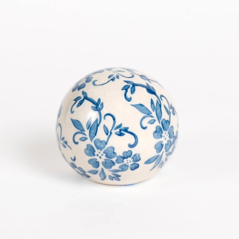 Blue & White Floral Ceramic Orb, 4 in.
