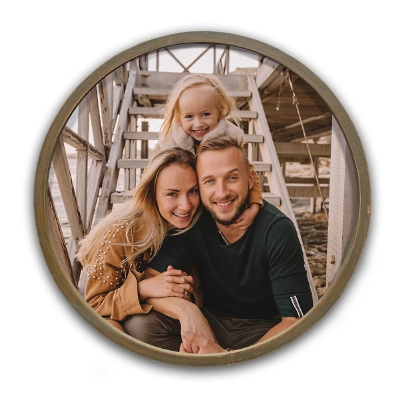 Personalized Round Photo Brown Wood Framed Print