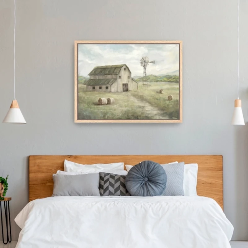 Peaceful Farm Oak Framed Canvas Art Print