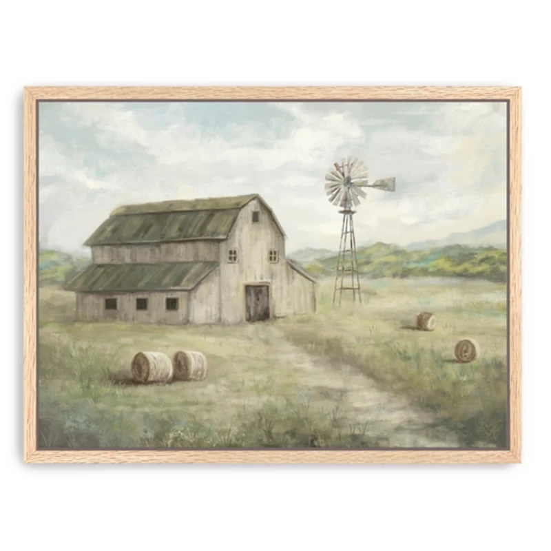 Peaceful Farm Oak Framed Canvas Art Print
