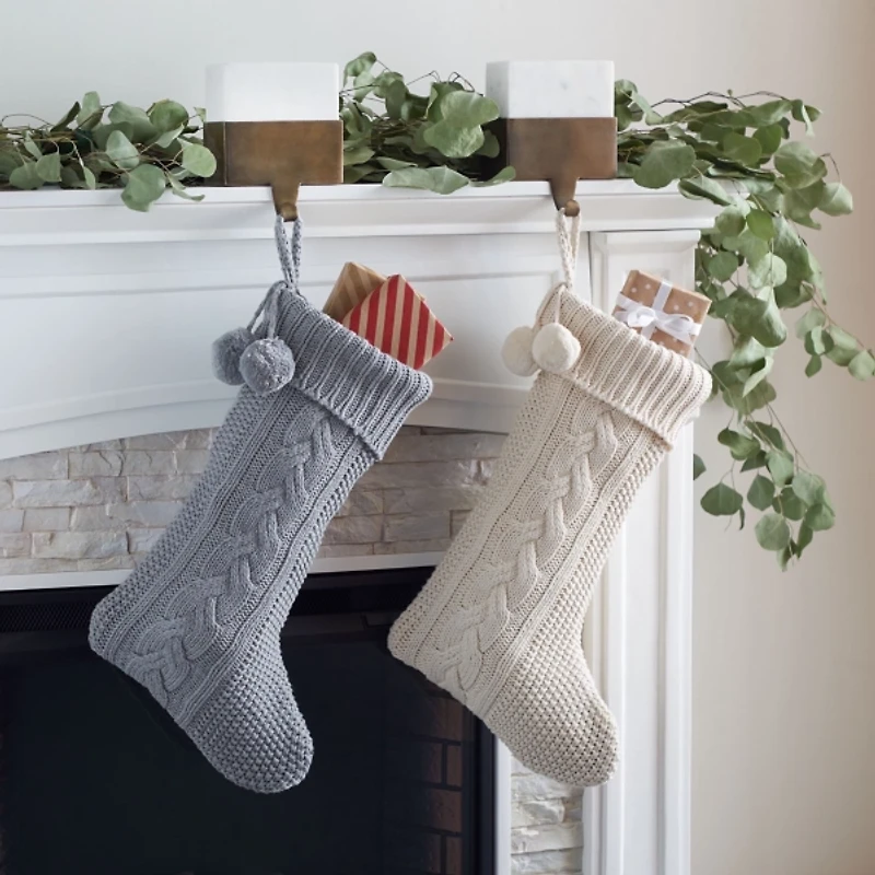 Cream and Gray Cable Knit Stockings, Set of 2