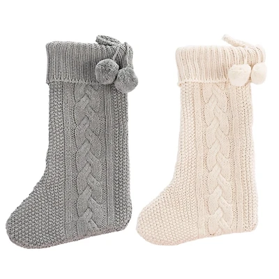 Cream and Gray Cable Knit Stockings, Set of 2