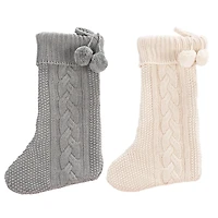 Cream and Gray Cable Knit Stockings, Set of 2