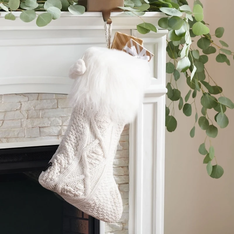 White Cable Knit Stockings with Fur Trim, Set of 2