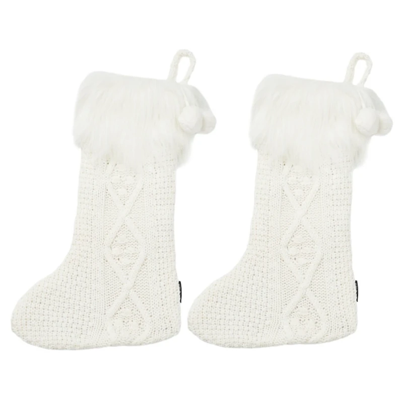White Cable Knit Stockings with Fur Trim, Set of 2