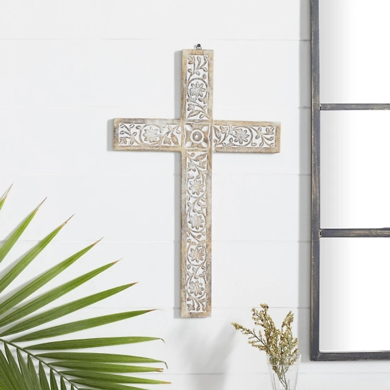 Floral Carved Wood Cross Wall Plaque