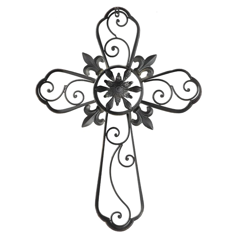 Fleur De Lis Traditional Metal Cross Wall Plaque