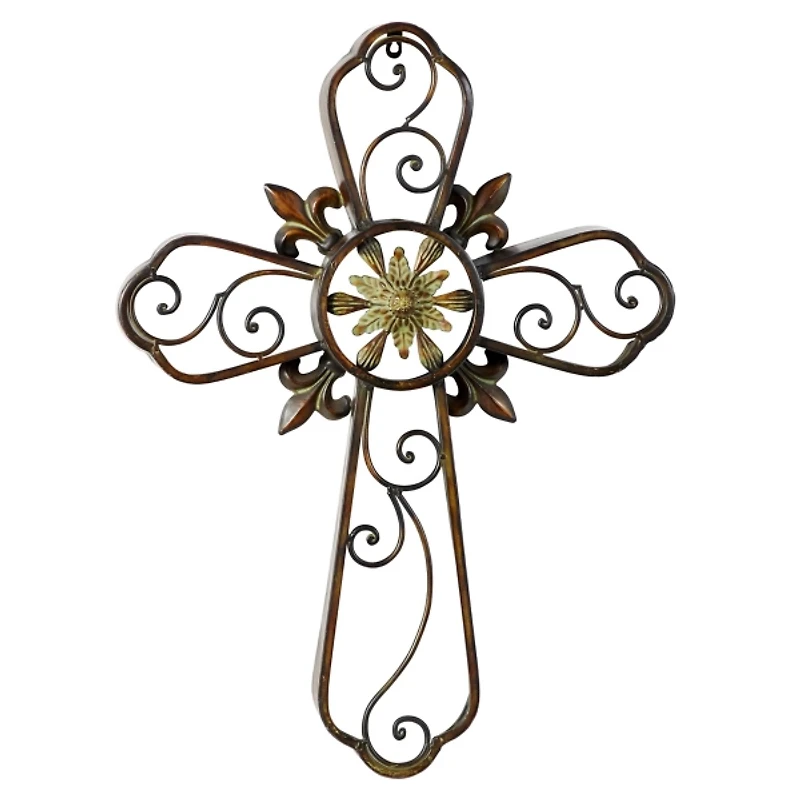 Fleur De Lis Traditional Metal Cross Wall Plaque