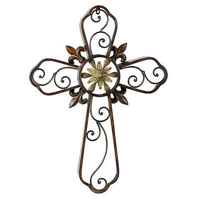 Fleur De Lis Traditional Metal Cross Wall Plaque
