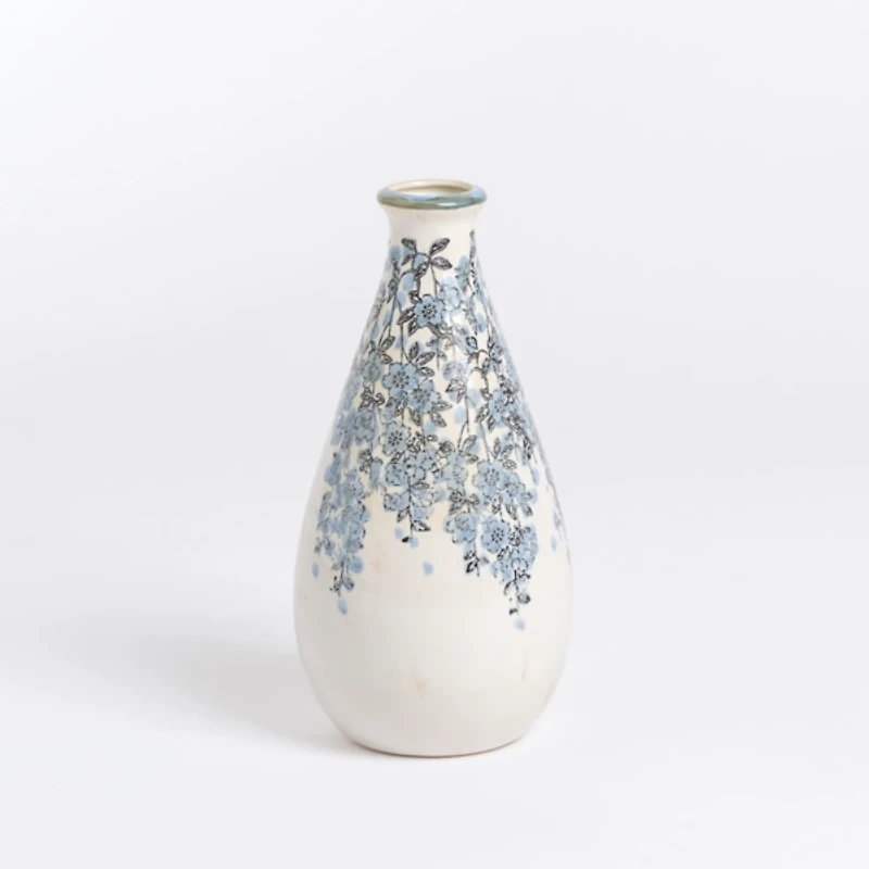 Blue Floral Ceramic Vase, 9.85 in.