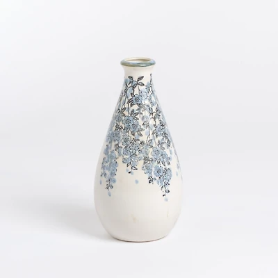 Blue Floral Ceramic Vase, 9.85 in.