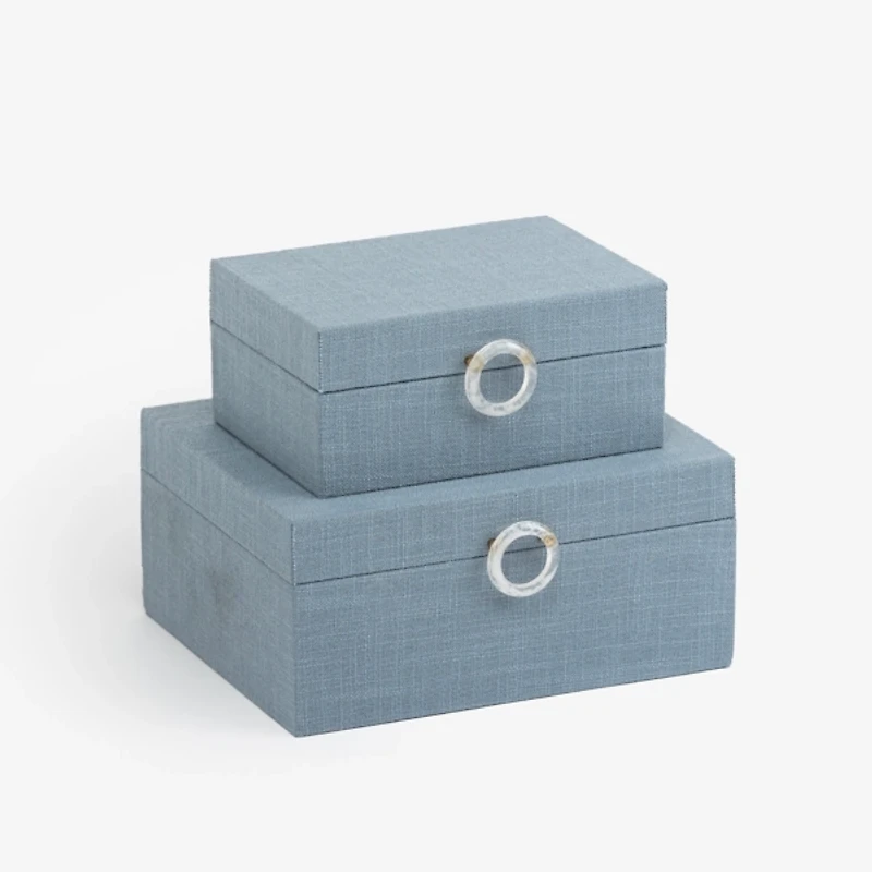 Blue Linen Claire Wooden Boxes, Set of 2